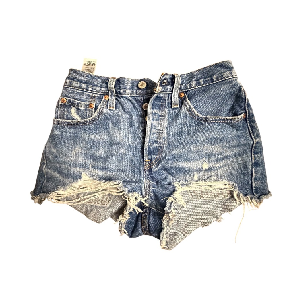 Levis Premium 501 Original High Rise Distressed Denim Cut Off Shorts Blue 28